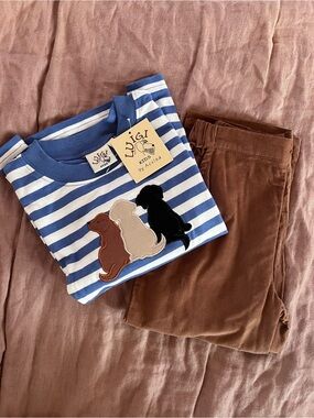 Boutique Blue & White Striped Tee with Puppy Appliqué and Brown Corduroy Pants
